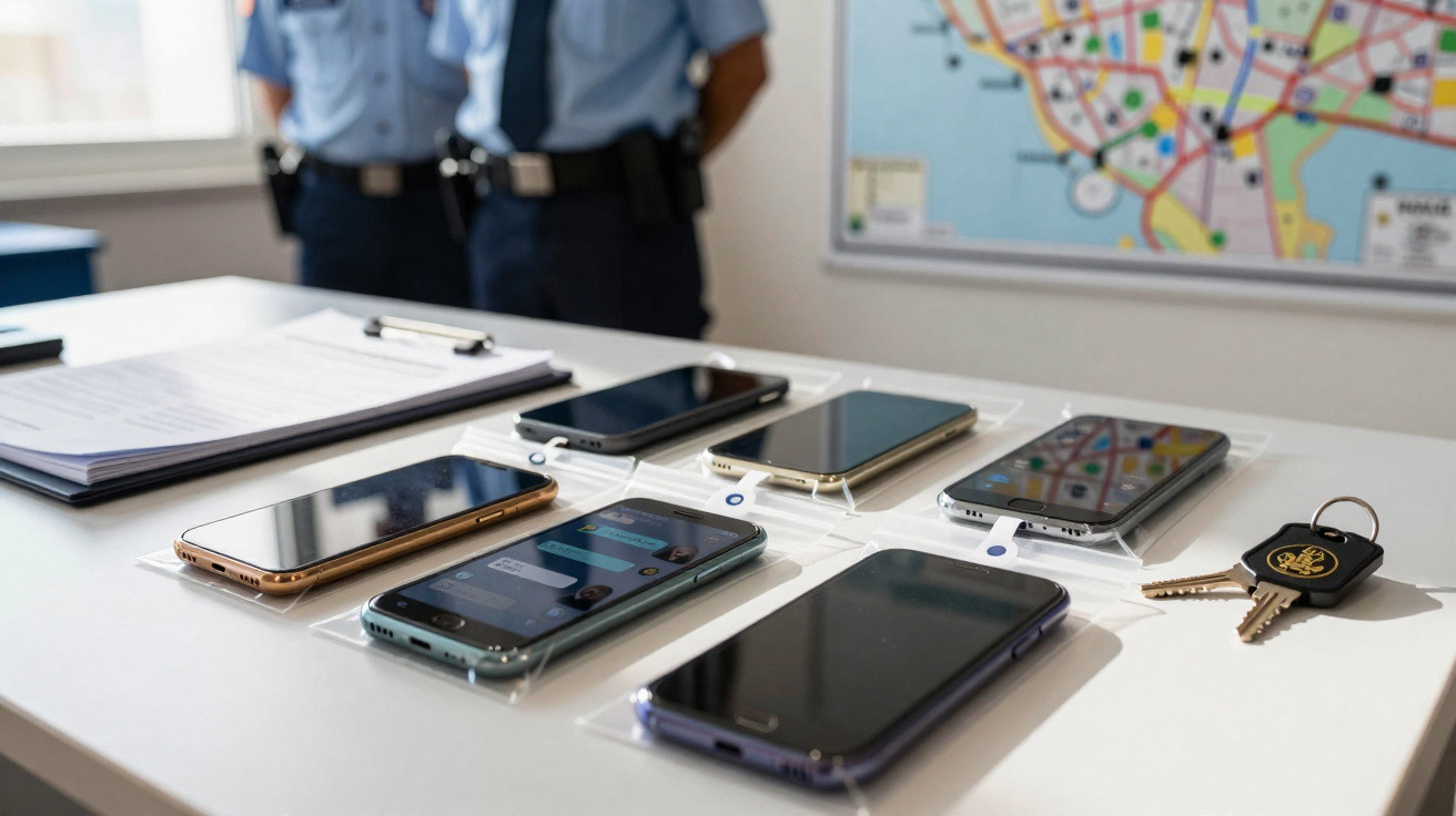 Mesa com vários telemóveis apreendidos, chaves e dois agentes de polícia ao fundo, numa esquadra.