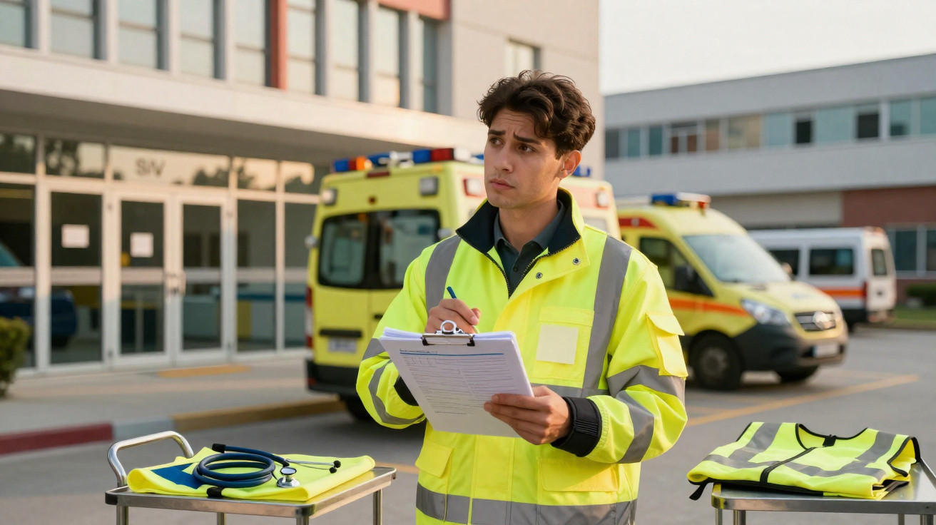 Paramédico em colete amarelo escreve notas com ambulâncias ao fundo em ambiente hospitalar.