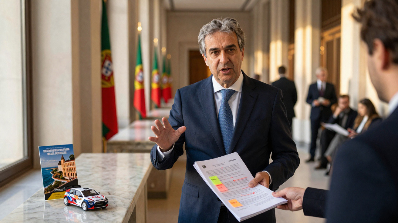 Homem de meia-idade, de fato azul e gravata, entrega documentos destacados numa sala com bandeiras de Portugal.