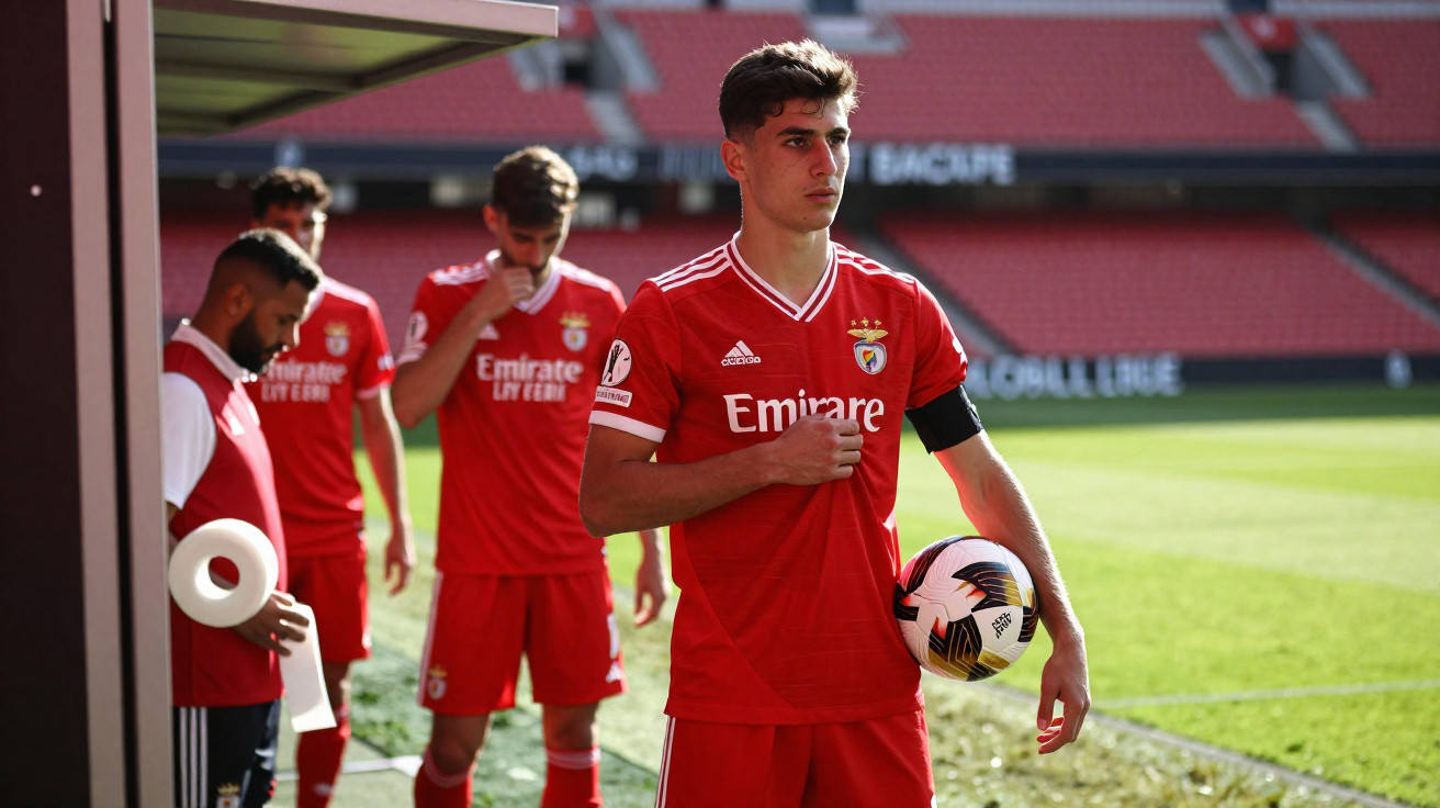 Jogador de futebol do Benfica com braçadeira a segurar bola debaixo do braço no campo de jogo.