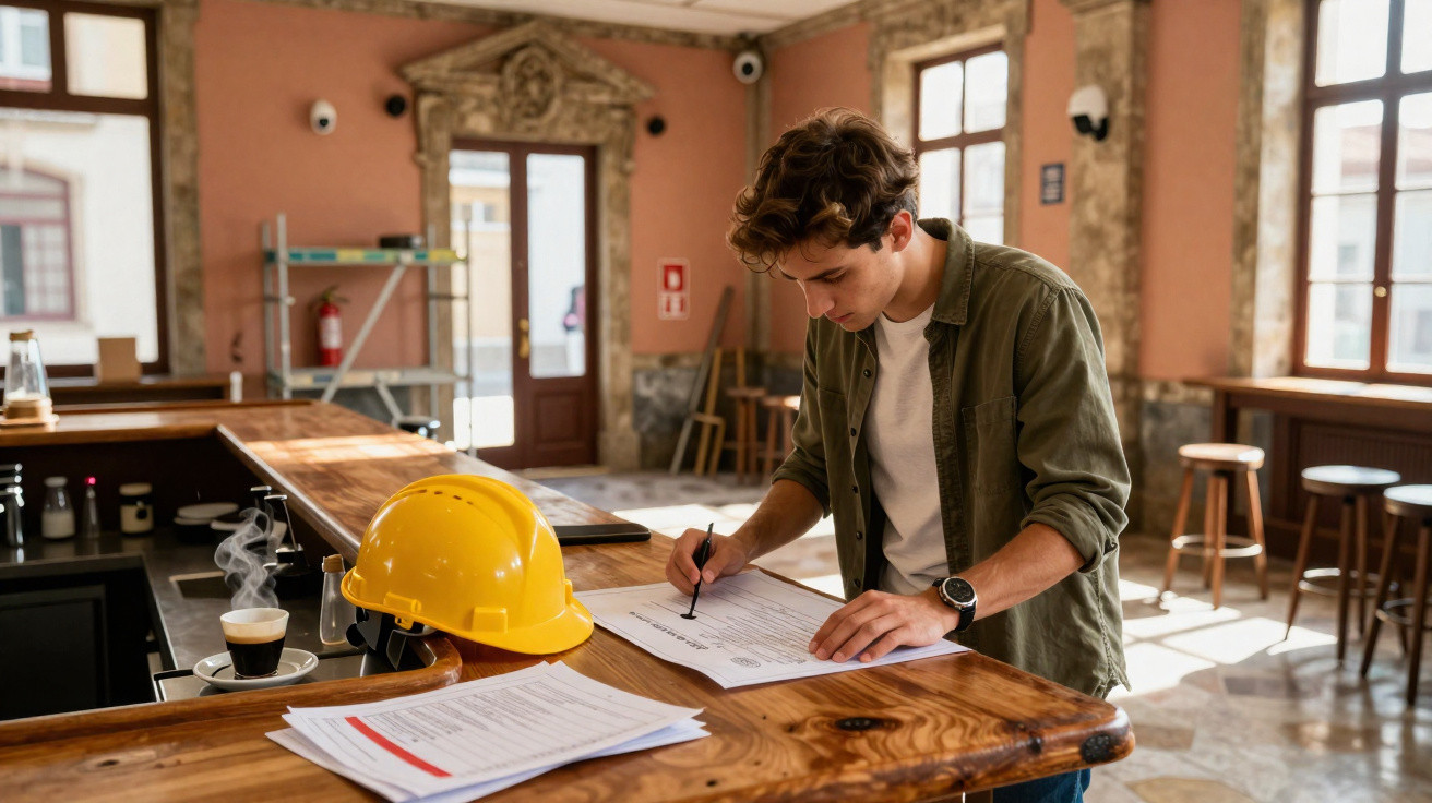 Jovem a preencher formulários numa mesa de madeira, com capacete amarelo e café ao lado, em ambiente interior.