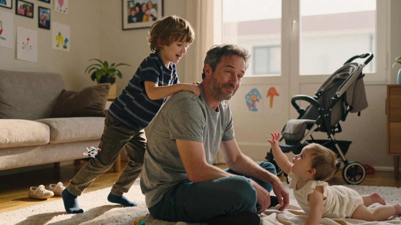 Pai sentado no chão de uma sala a brincar com filho e filha em ambiente familiar e descontraído.