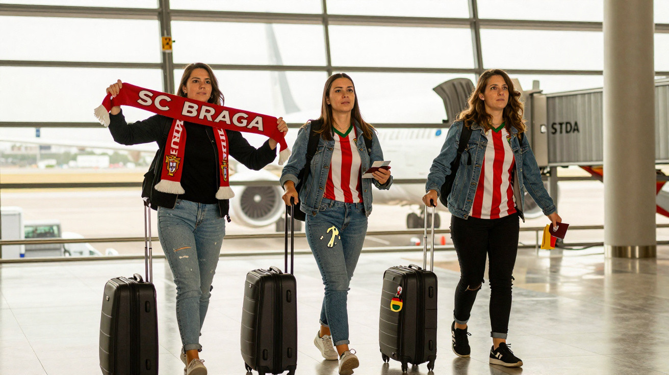 Três mulheres com equipamento do SC Braga e malas de viagem caminham no aeroporto com avião ao fundo.