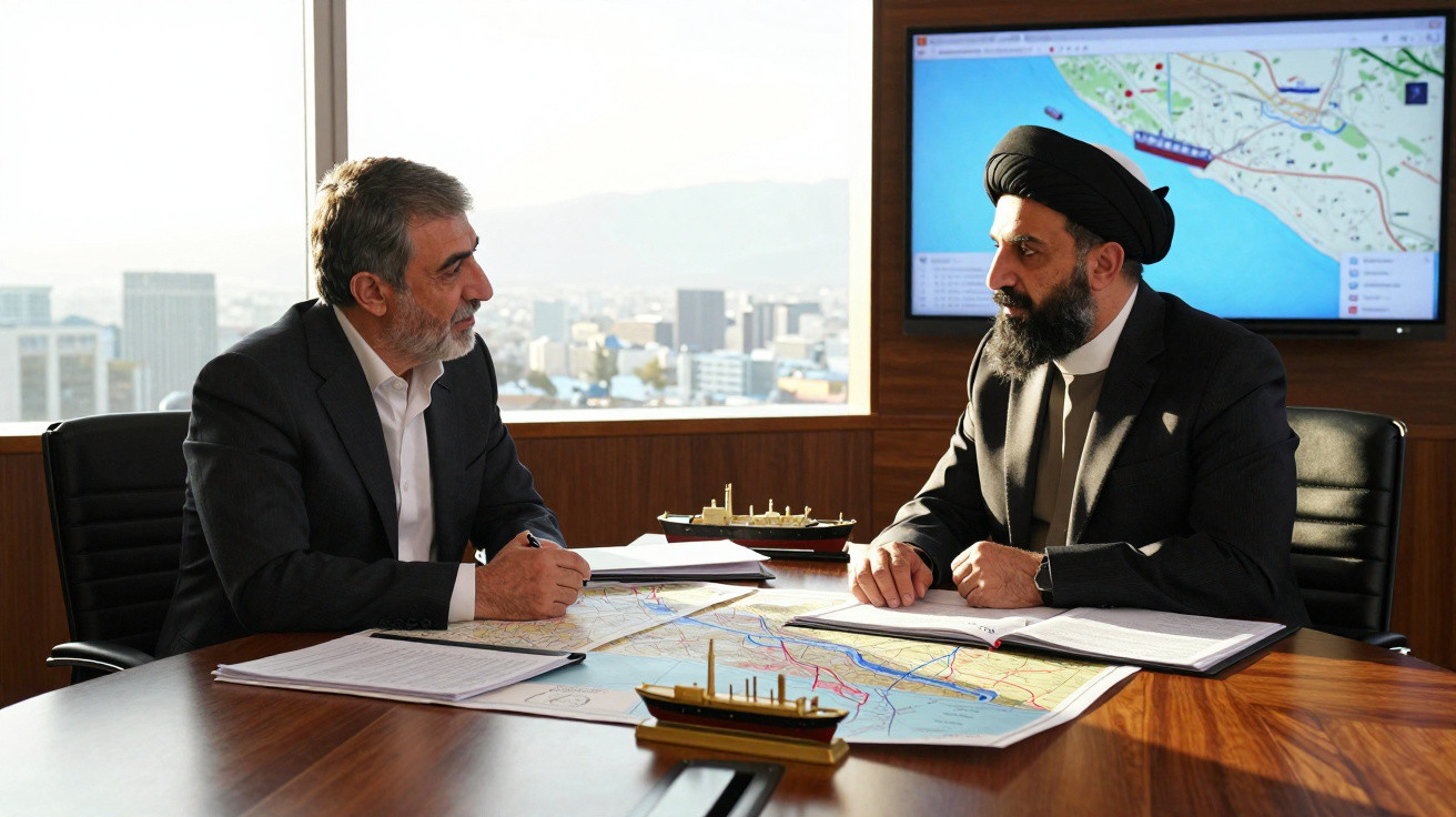 Dois homens sentados à mesa, a analisar mapas e maquetes de navios numa sala com vista urbana.