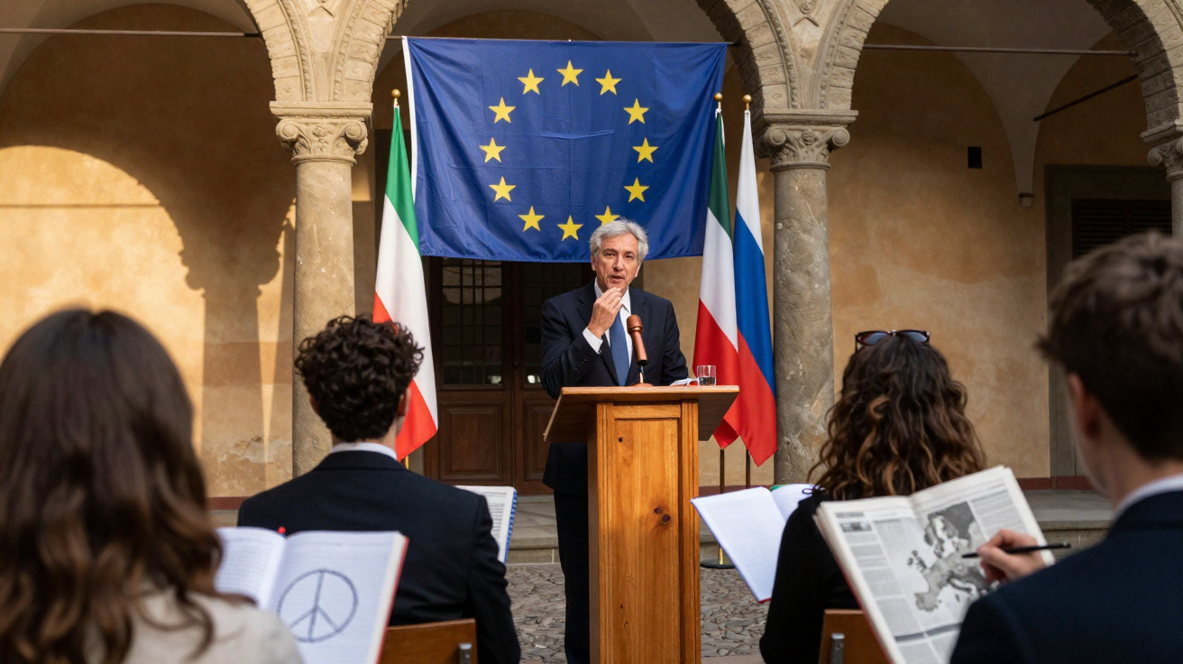 Homem fala em pódio com bandeira da União Europeia atrás, auditório atento a discurso ao ar livre.