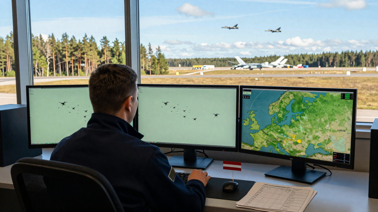 Técnico controla voo de aviões militares em radar, com visuais de pista e aeronaves ao fundo.