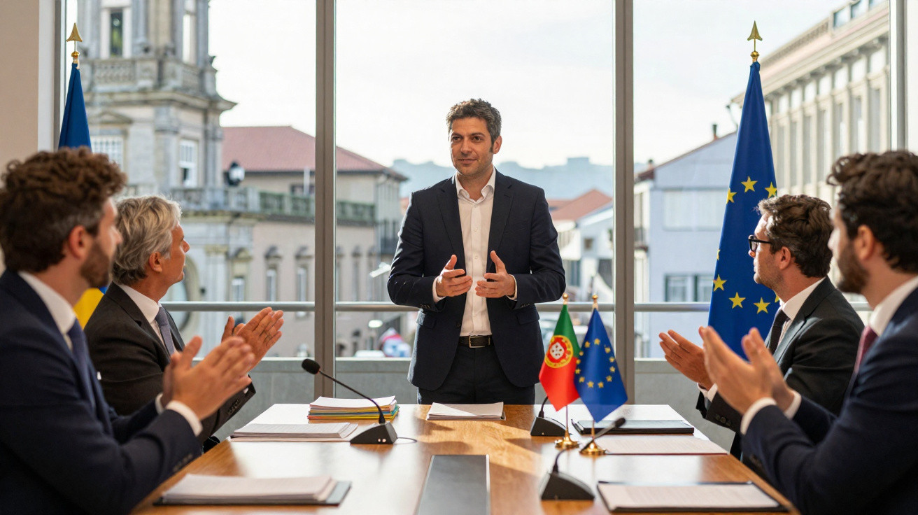 Homem em fato a discursar em reunião formal, com bandeiras de Portugal e União Europeia na mesa.