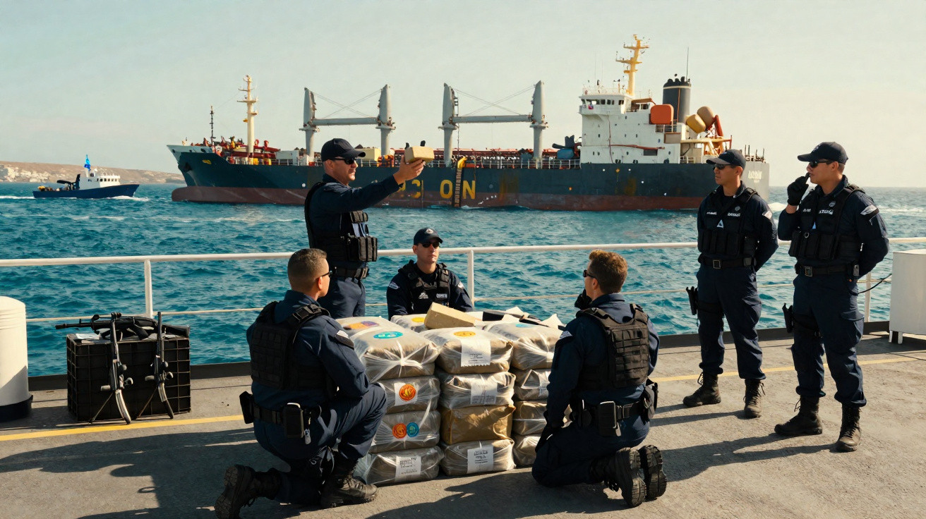 Grupo de agentes navais com cargas apreendidas em convés, navio e mar ao fundo em operação de fiscalização.