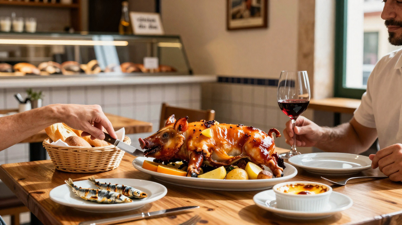 Mesa de restaurante com leitão assado, pão, sardinhas grelhadas, vinho tinto e sobremesa.