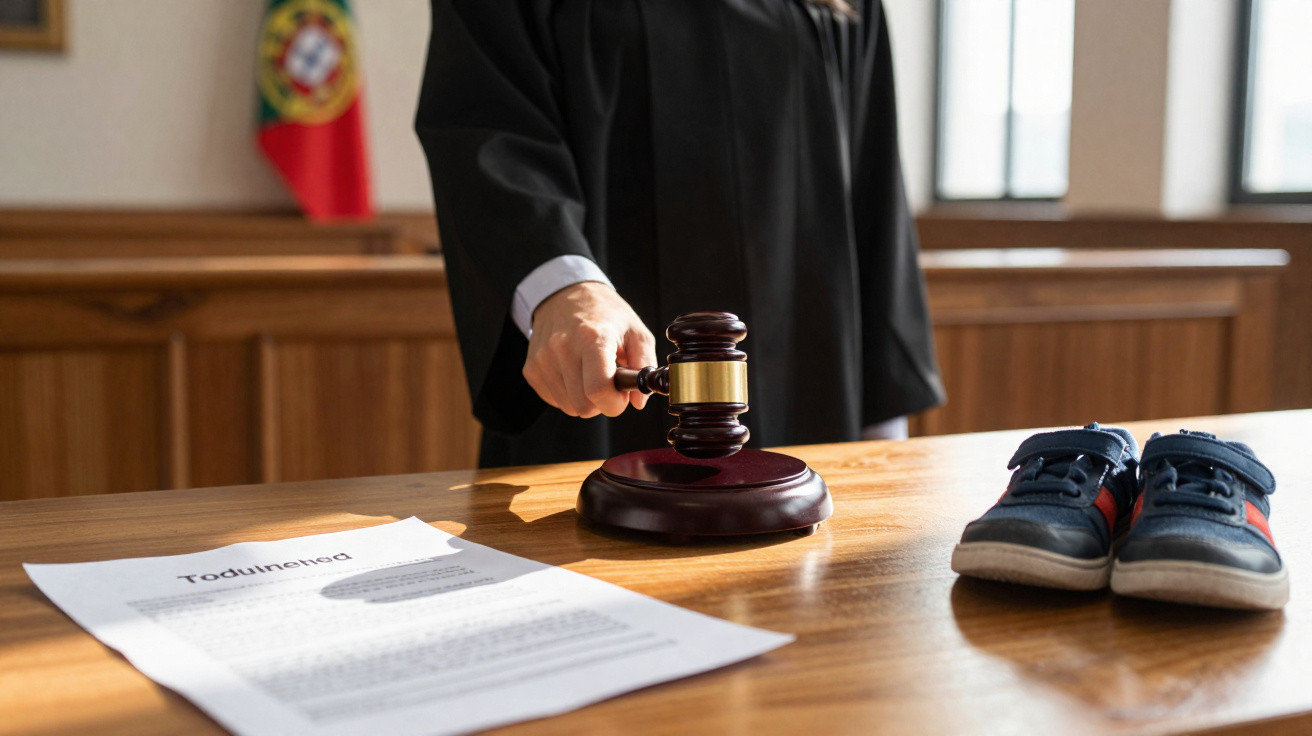 Juiz a bater o martelo em tribunal com documento e sapatos de criança na mesa, bandeira de Portugal ao fundo.