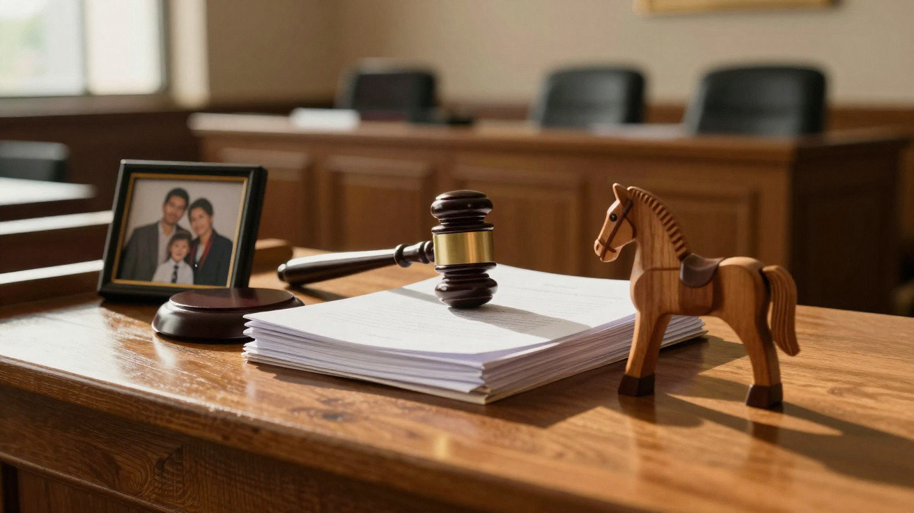 Martelo de madeira sobre pilha de documentos com foto de família e cavalo de brinquedo numa mesa de tribunal.