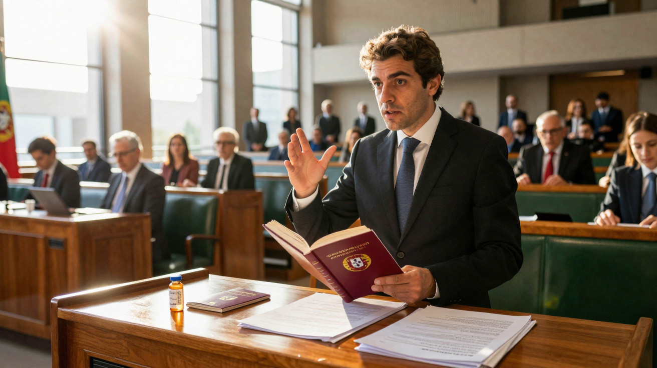 Advogado de fato e direito a dar testemunho num tribunal com várias pessoas ao fundo.
