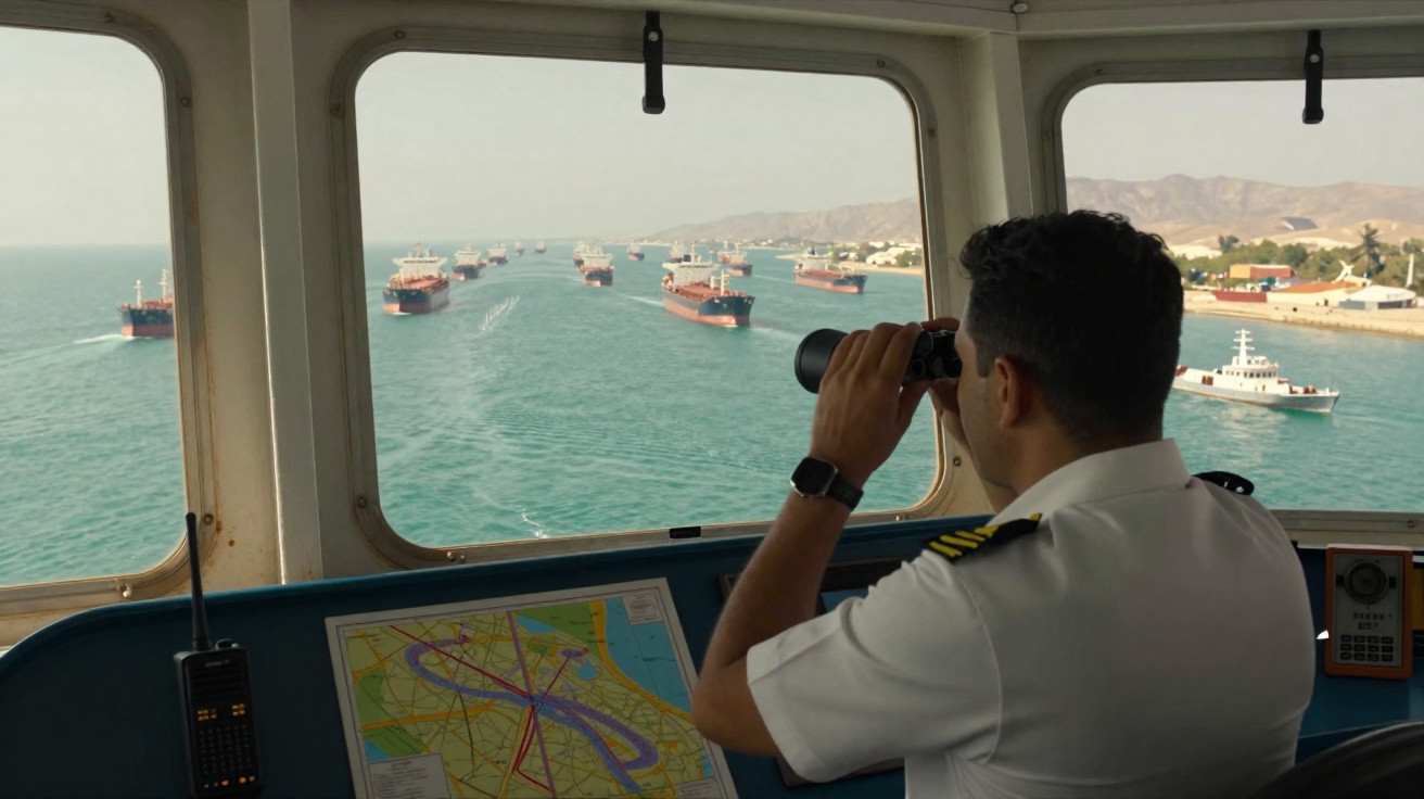 Oficial numa ponte de comando observa navios ao largo através de binóculos em percurso marítimo.