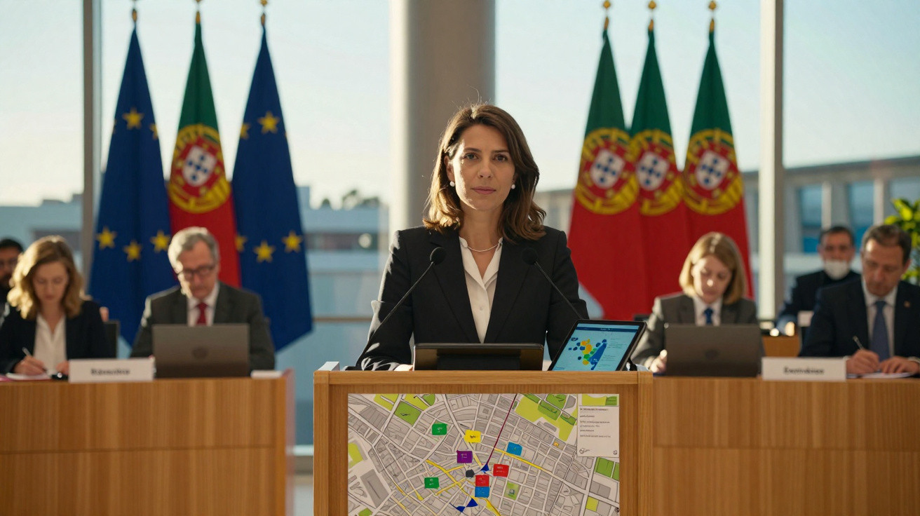 Mulher em fato formal fala num pódio com mapa, com bandeiras da UE e Portugal ao fundo, em reunião oficial.