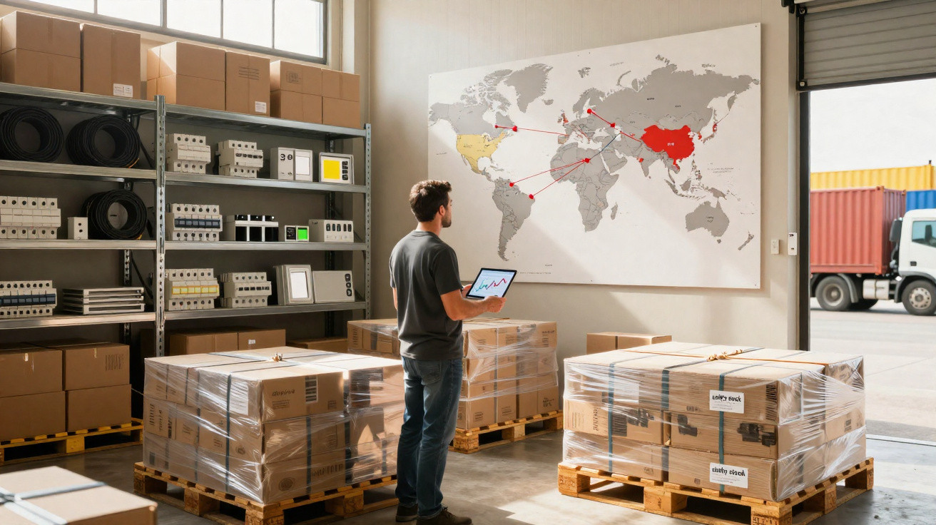 Homem com tablet a analisar mapa mundial numa área de armazém com caixas e prateleiras de equipamentos.