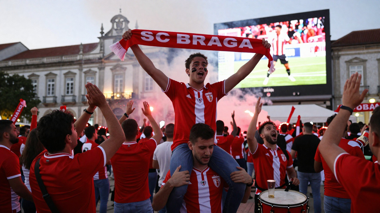 Adepto do SC Braga com cachecol em festa, rodeado por multidão a ver jogo ao ar livre, com bandeiras e batuques.