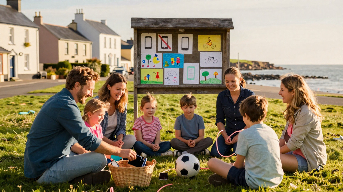 Grupo de crianças e adultos sentados em círculo na relva junto ao mar com bola de futebol e desenhos coloridos.