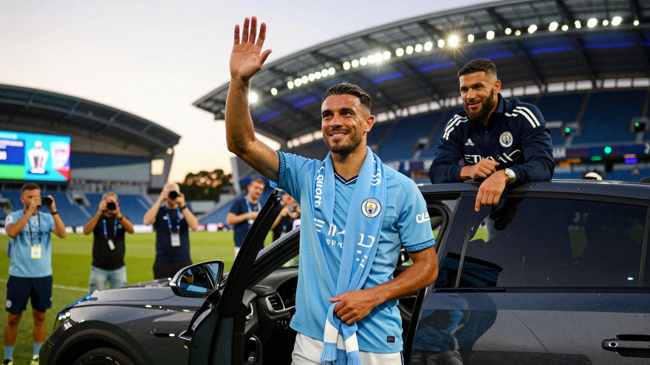 Jogador de futebol do Manchester City acena para a multidão num estádio ao pôr do sol.