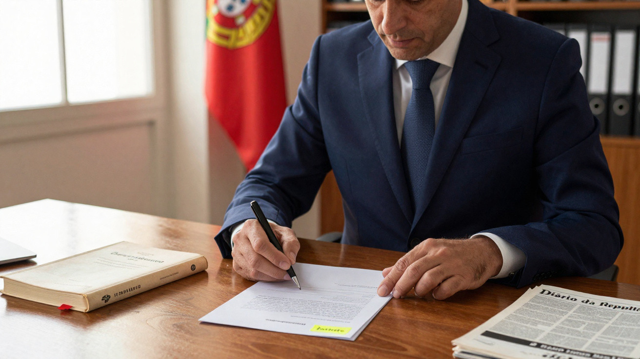 Homem de fato azul assina documento numa secretária com bandeira de Portugal ao fundo.