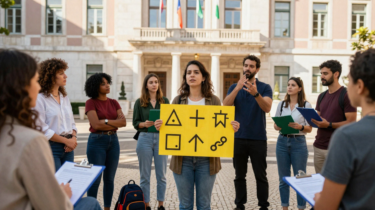 Grupo de jovens em frente a edifício académico, mulher segura cartaz amarelo com símbolos geométricos.