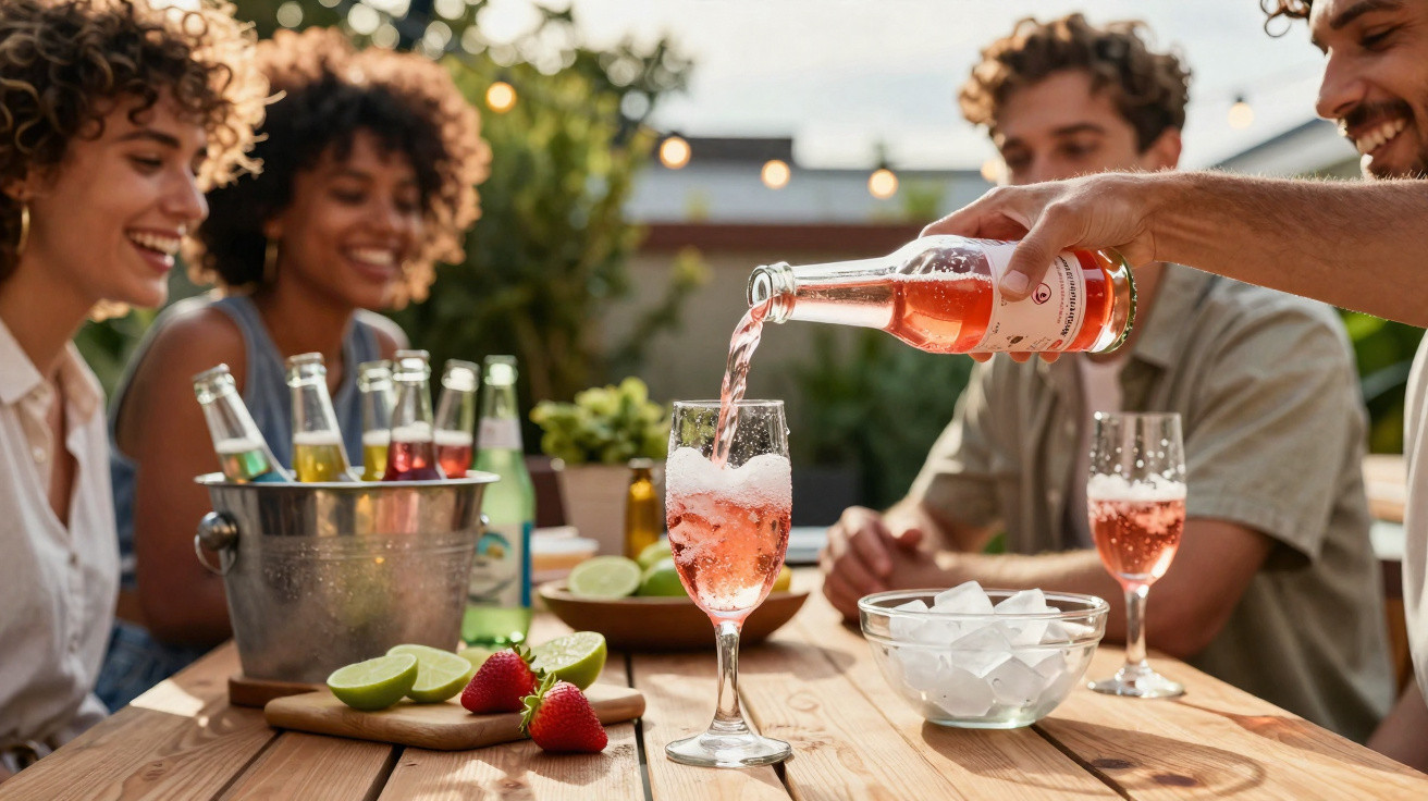 Grupo de amigos a beber bebidas coloridas ao ar livre numa mesa de madeira.