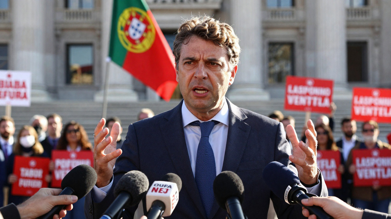 Homem de fato e gravata fala para microfones com bandeira de Portugal e pessoas atrás com cartazes vermelhos.