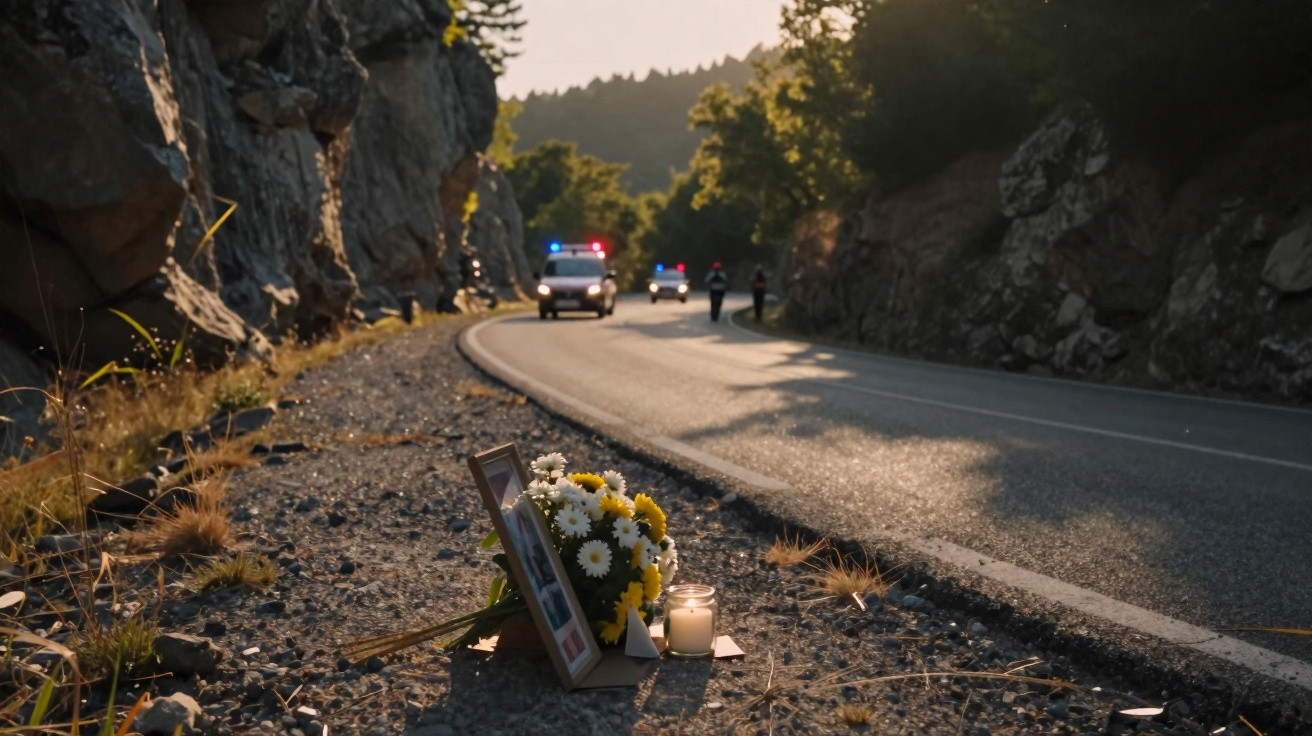 Homenagem com flores e vela à beira de estrada com viaturas de emergência e pessoas ao fundo.