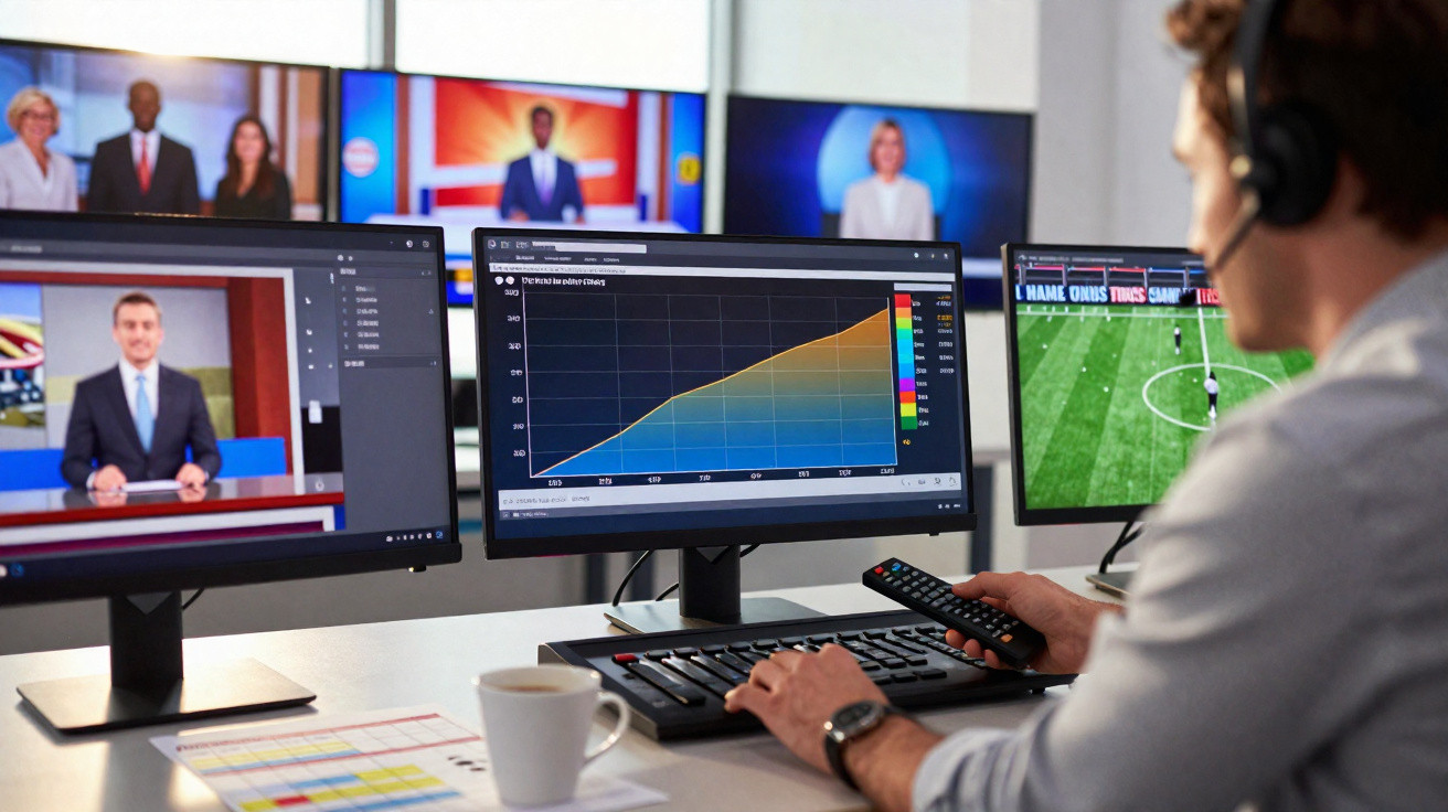 Pessoa a controlar a transmissão de notícias e conteúdos desportivos em múltiplos ecrãs num estúdio de televisão.
