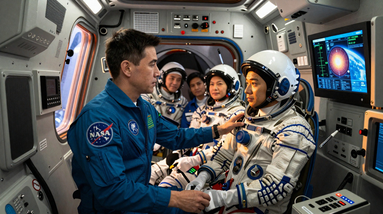 Equipas de astronautas a preparar missão dentro de uma cápsula espacial com monitores e equipamentos técnicos.
