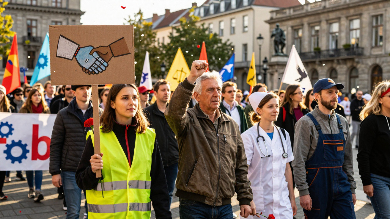 Manifestantes com placas e vestimentas profissionais numa marcha urbana a pedir justiça social.