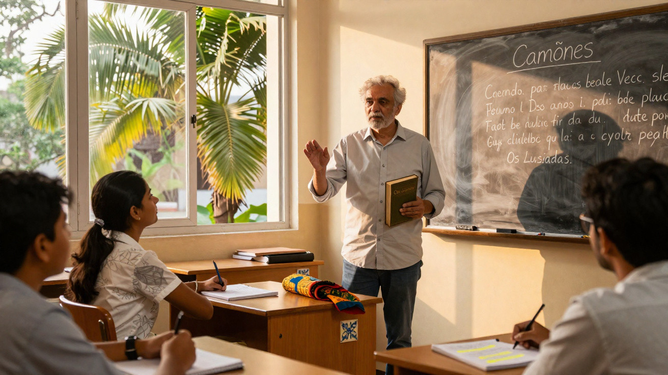 Professor idoso a dar aula sobre Camões a três alunos numa sala iluminada com janela e palmeiras.