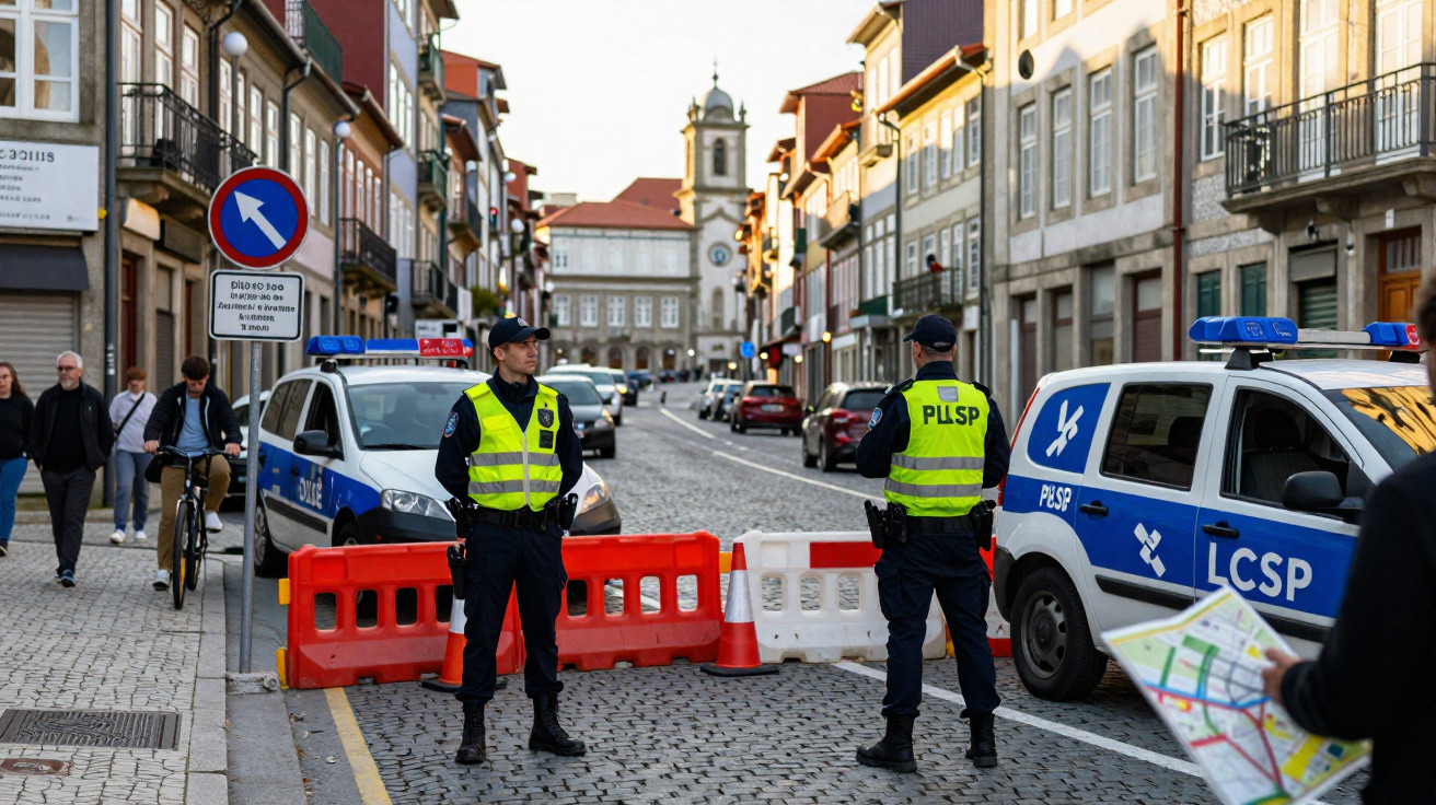 Polícias bloqueiam rua com barreiras e viaturas em zona urbana com calçada de pedra.