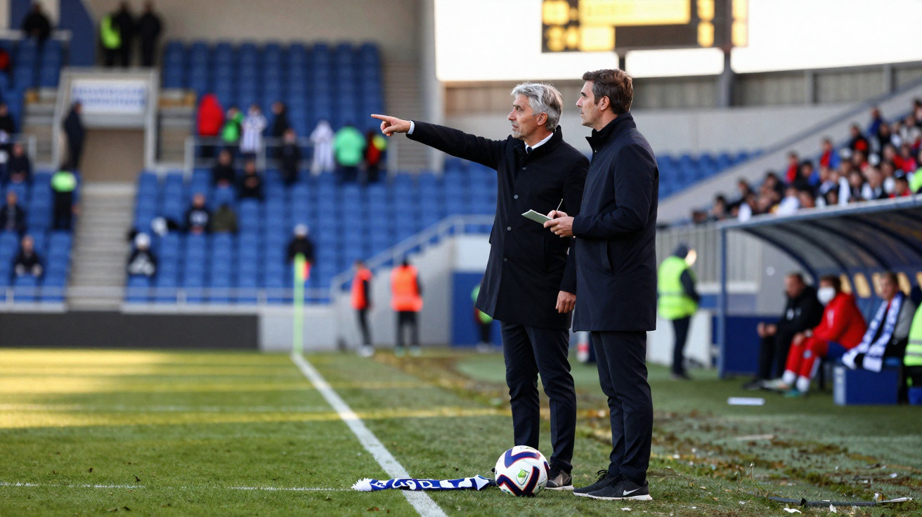 Dois treinadores de futebol junto à linha lateral de um campo, com um dos homens a apontar para o campo.