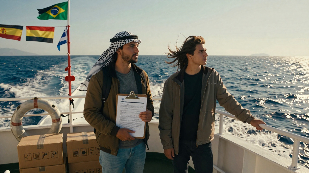 Dois homens num barco com caixas, uma segurando uma prancheta, mar ao fundo e várias bandeiras içadas.