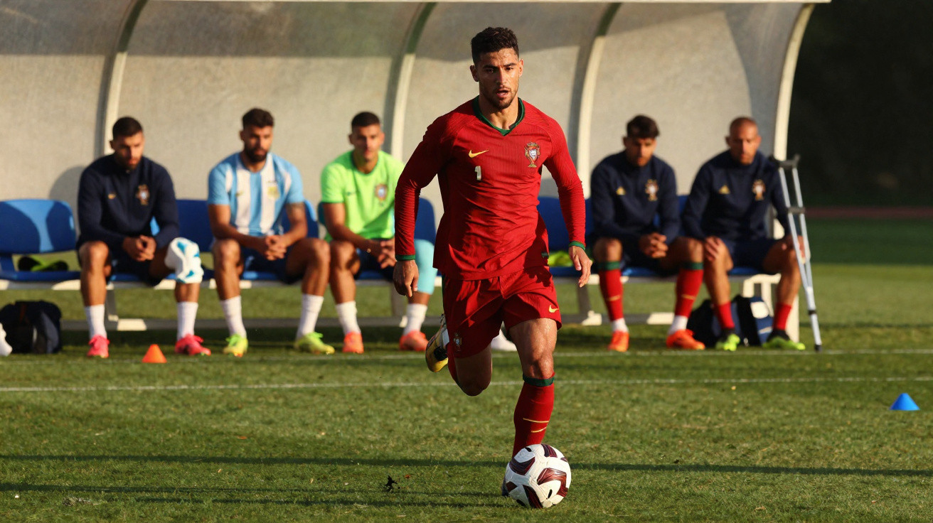 Jogador de futebol de Portugal a driblar a bola em campo, com colegas no banco ao fundo.