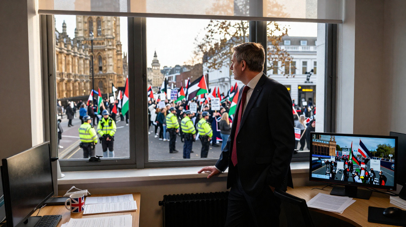 Homem de fato observa protesto com bandeiras palestinianas e polícia do interior de um escritório com vista para praia.