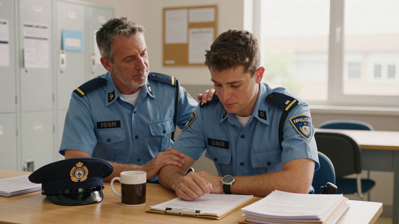 Dois polícias em uniforme azul sentados à mesa, um conforta o outro com a mão no ombro.