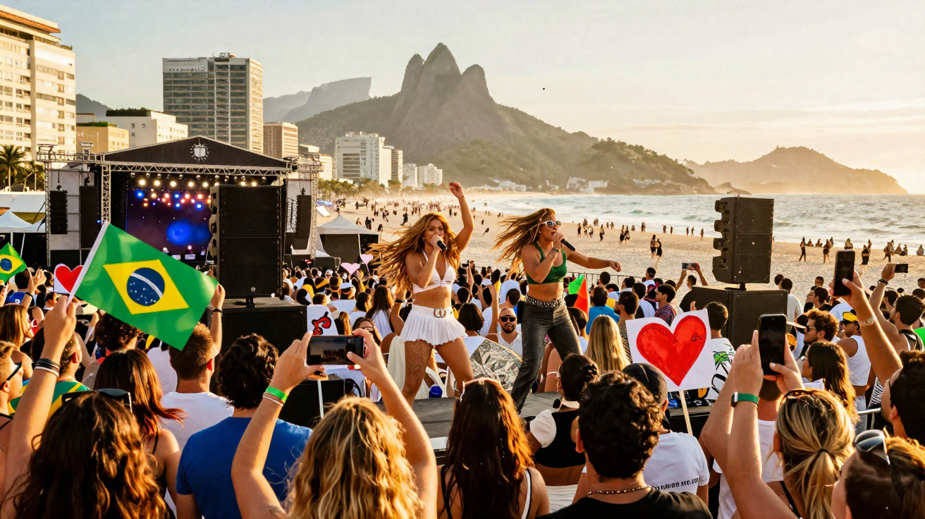 Concerto ao ar livre na praia de Ipanema com público animado, bandeiras do Brasil e vistas do Morro Dois Irmãos.