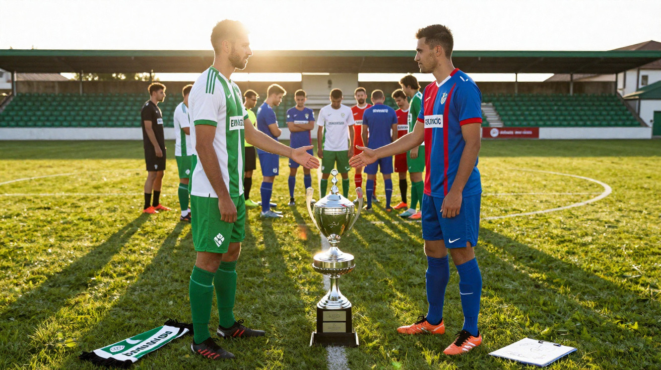Dois capitães de equipa de futebol estendem as mãos para um aperto com um troféu entre eles no centro do campo.