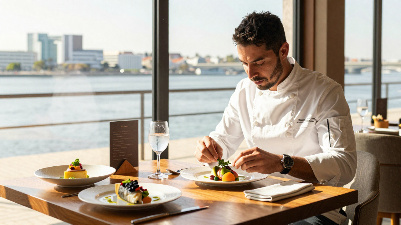 Chef a preparar prato gourmet num restaurante com vista para o rio em dia soalheiro.