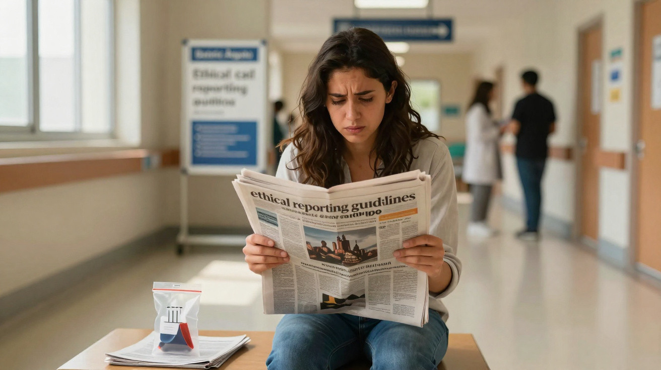 Mulher sentada num corredor hospitalar, lendo atentamente um jornal sobre ética nas notícias.