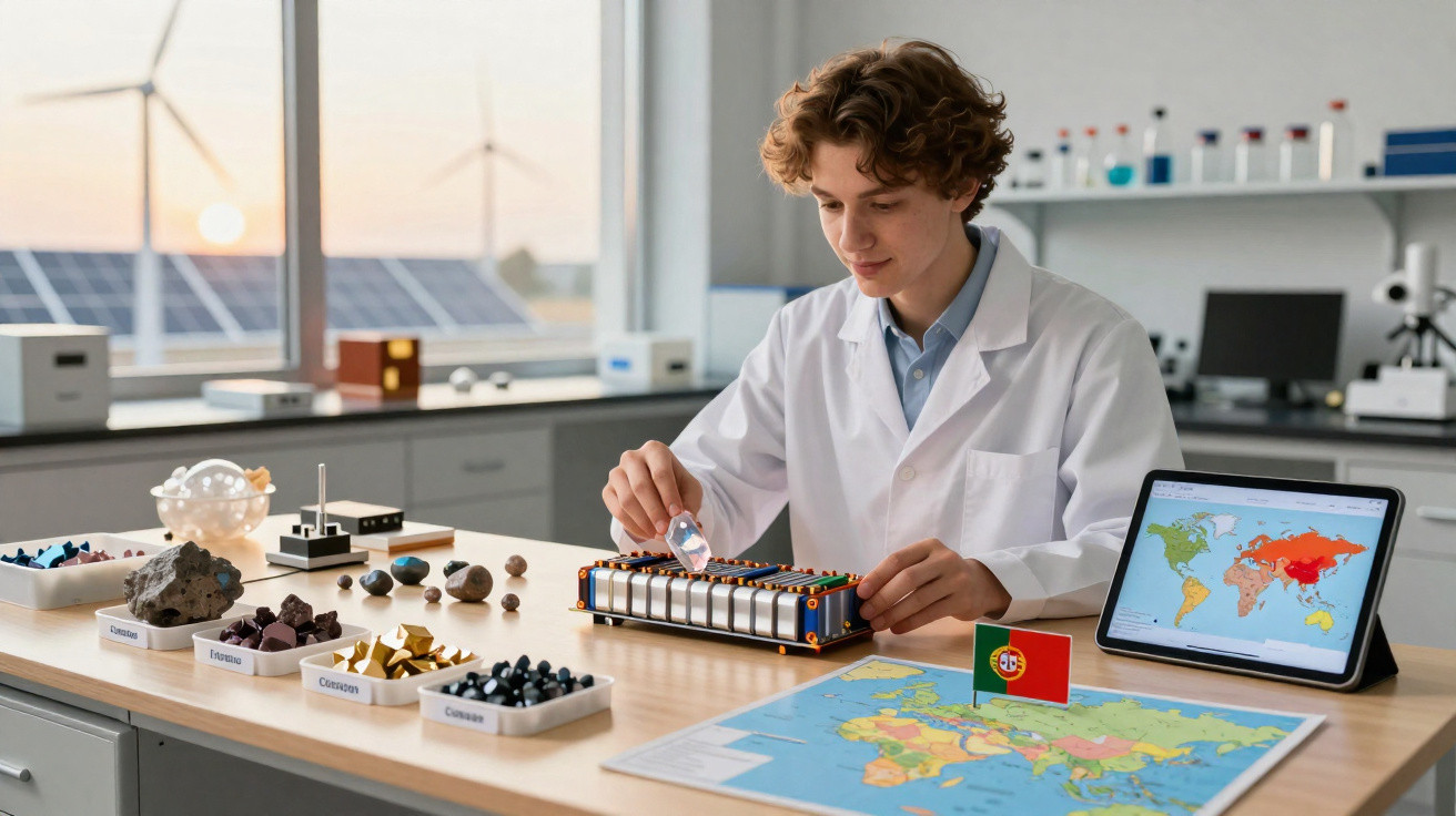 Jovem cientista num laboratório com minerais, mapa do mundo e dispositivo digital mostrando mapa de risco.
