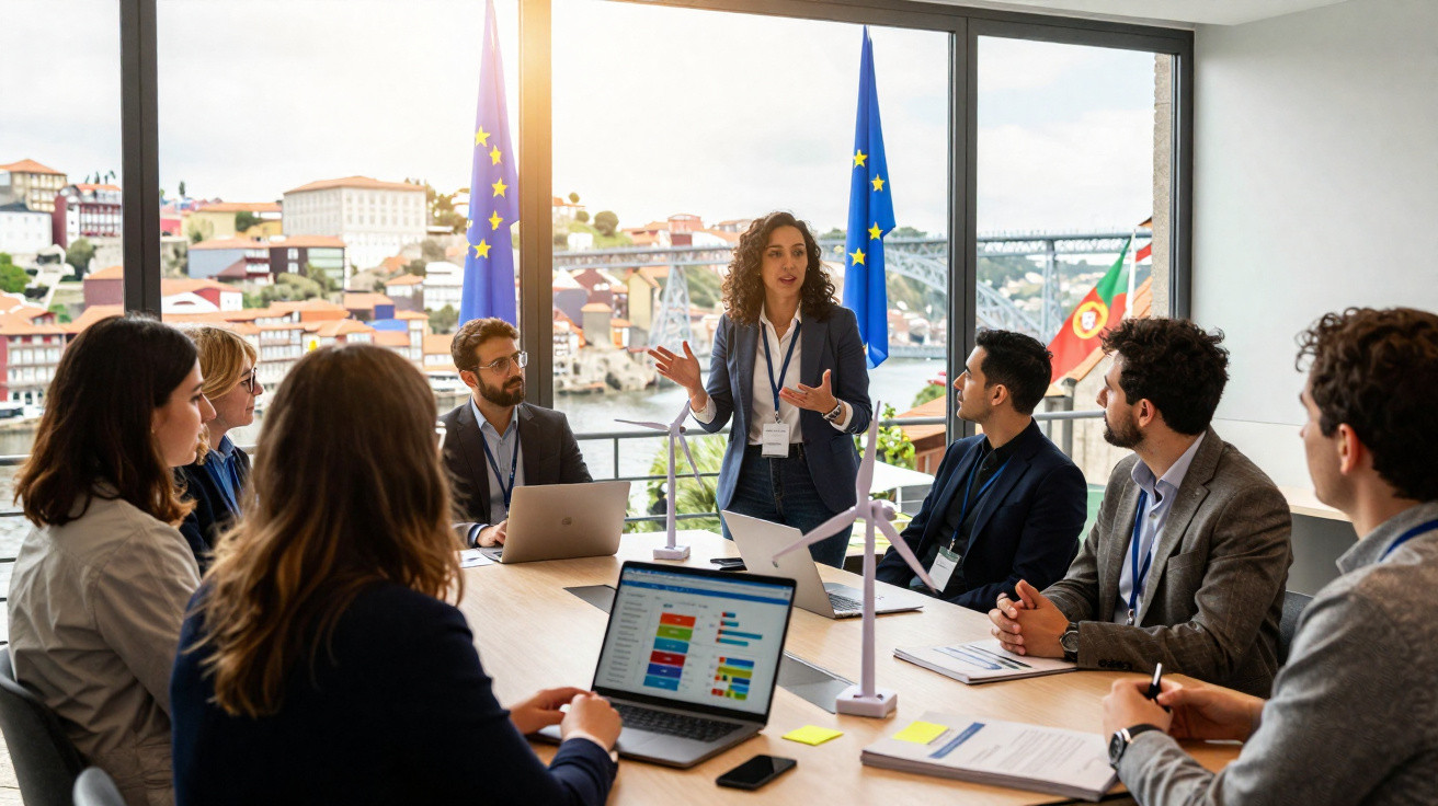 Grupo de profissionais em reunião de escritório com bandeiras europeia e portuguesa ao fundo.