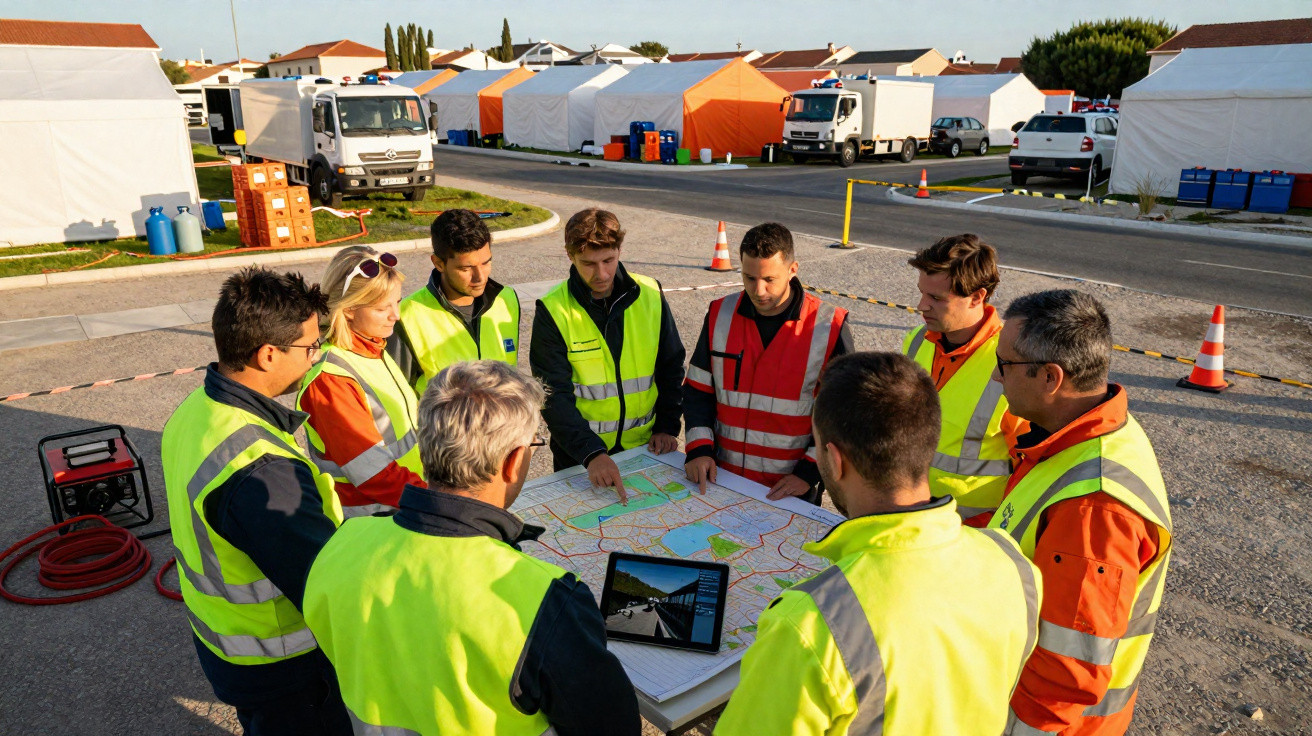 Grupo de oito trabalhadores com coletes refletores a analisar mapas numa mesa ao ar livre.