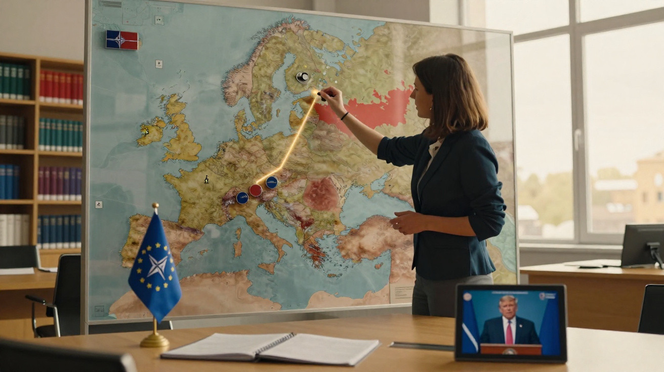 Mulher assinala rota com luz num mapa da Europa numa sala com bandeira da UE e tablet com homem a falar.
