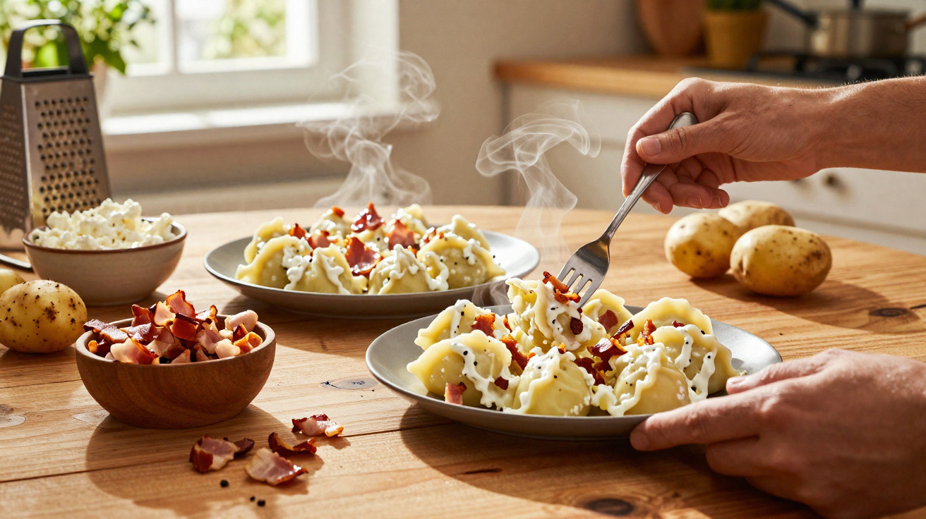 Prato de massa com molho branco e pedaços de bacon numa cozinha iluminada, mãos a preparar para comer.