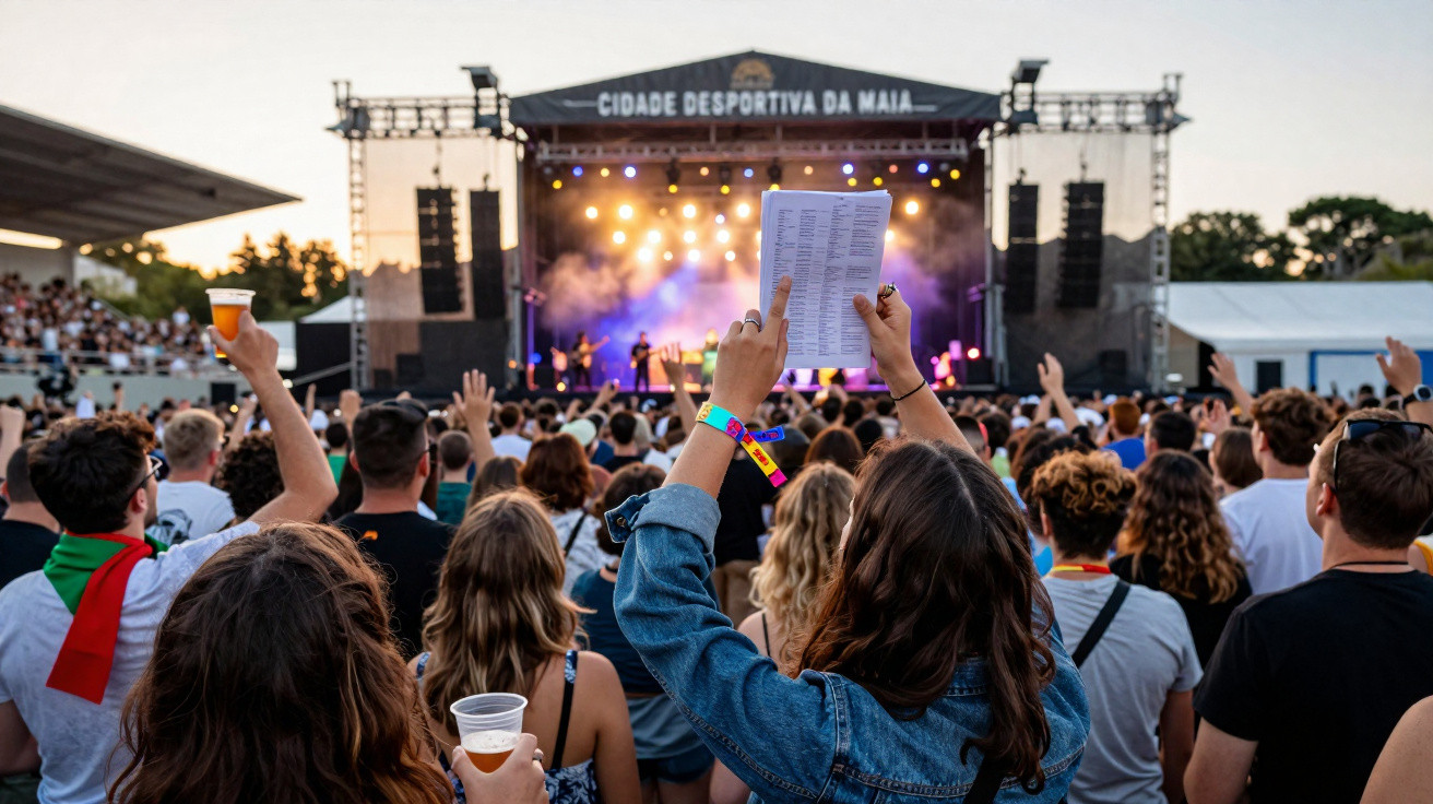Público animado em concerto ao ar livre na Cidade Desportiva da Maia ao pôr do sol.