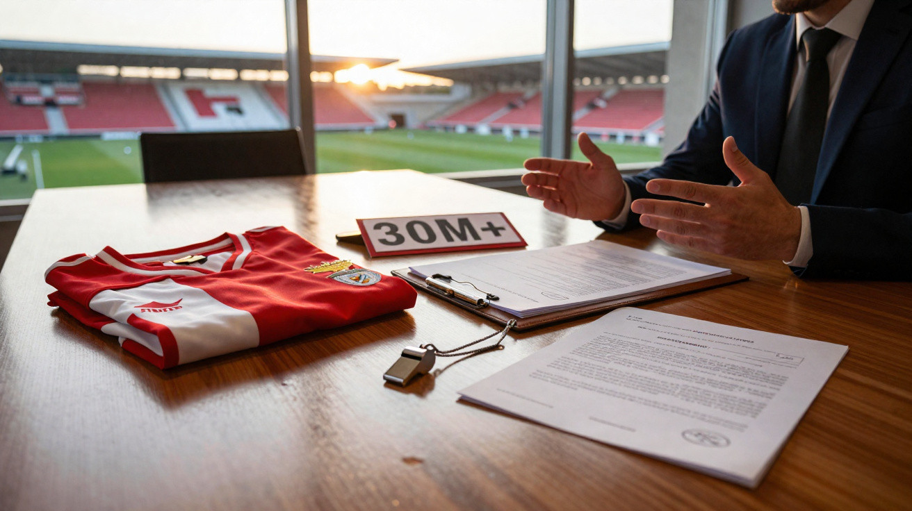 Camisola do Benfica, documentos, silvato e placa 30M+ numa mesa com vista para estádio, ao pôr do sol.