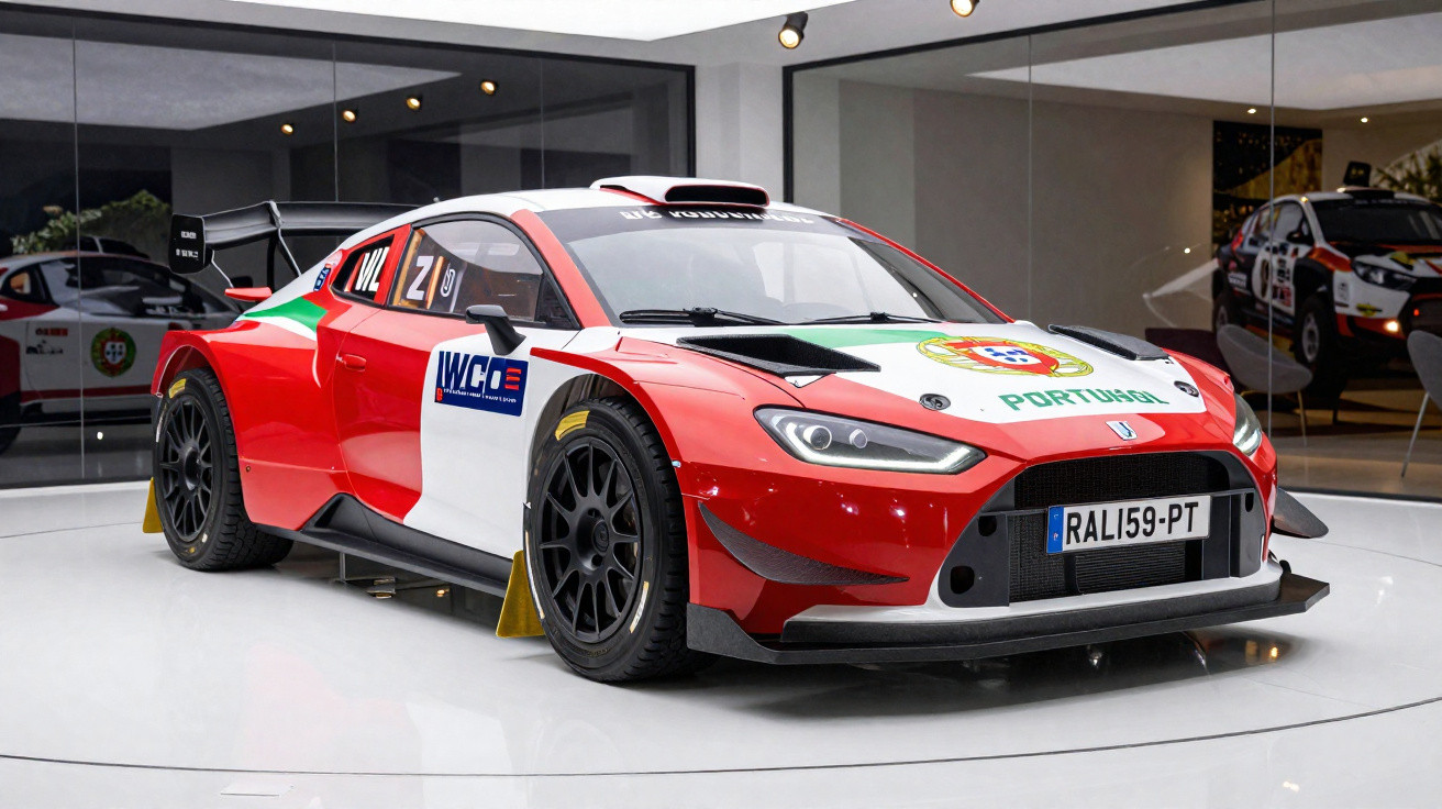 Carro de rali vermelho e branco com decalques da bandeira e emblema de Portugal, exposto em galeria.