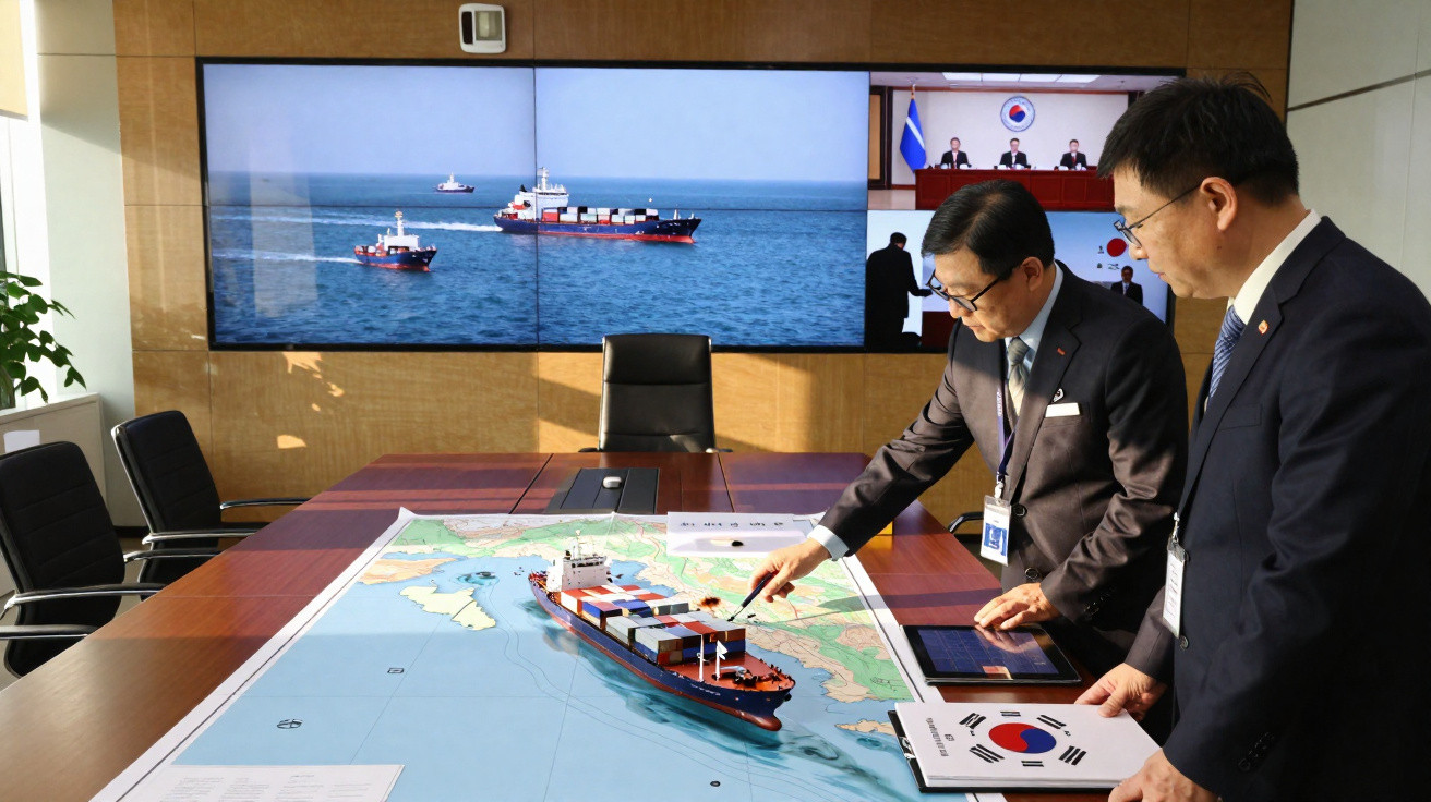 Dois homens em traje formal analisam um modelo de navio de carga sobre um mapa, com ecrãs a mostrar navios ao fundo.
